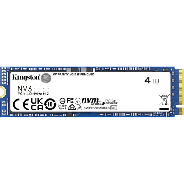 Kingston NV3 (SNV3S/4000G) 4TB NVMe SSD, M.2 Interface, PCIe Gen4, 2280, Read 6000 MB/s, Write 5000 MB/s, 3 Year Warranty