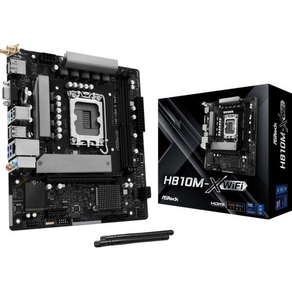 ASRock H810M-X WIFI Intel Socket 1851 Motherboard, 2 x DDR5 DIMM Slots, 1 x M.2 Socket (Key E), 1 x USB 3.2 Type-C, 2.5G LAN, 802.11ac Wi-Fi Module, 1 x HDMI Port/ 1 x Display Port