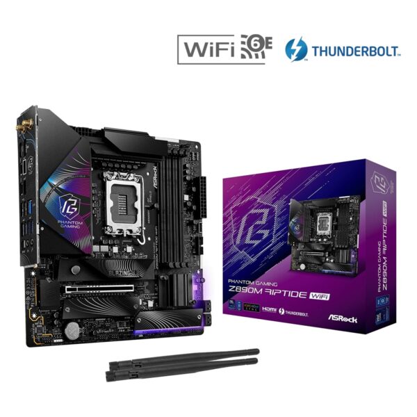 ASRock Z890M RIPTIDE WIFI PHANTOM GAMING Intel 1851 Socket Motherboard, Micro-ATX, 4x DDR5 Slots, 3x M.2 Sockets, 2x USB-C Port, Fitted I/O Shield, 2.5GbE LAN, Wi-Fi 6E, 1x DisplayPort / 1x HDMI / 2x USB-C (USB4)