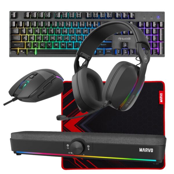 Marvo Scorpion 6-Product Gaming & Streaming Bundle featuring Gaming Keyboard, Programmable USB Mouse, Non-Slip Mousepad, PC & Console-Compatible Gaming Headset, RGB Stereo Soundbar & USB Streaming Microphone