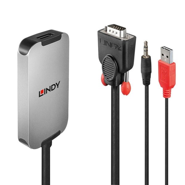 Lindy 38296 0.18m VGA & Audio (M) To DisplayPort (F) 1.2 USB Powered 1920x1080@60Hz Adapter Cable - Black
