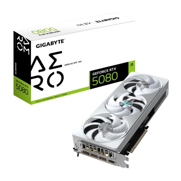 Gigabyte NVIDIA GeForce RTX 5080 AERO OC SFF 16GB GDDR7 Graphics Card, 10752 CUDA Cores, 2730 MHz Core Clock, Triple Fan, White, RGB, 3x DisplayPorts / 1x HDMI Ports