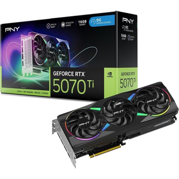 PNY NVIDIA GEFORCE RTX 5070Ti  ARGB Epic-X RGB OC16GB, GDDR7 Graphics Card, 8960 Cuda Cores, 2295 MHz Core Clock, Triple Fan, 3 x Display Ports/ 1 x HDMI Port
