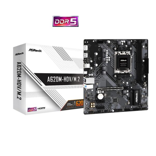 ASRock A620M-HDV/M.2 AMD AM5 Socket Motherboard, Micro-ATX, 2x DDR5 Slots, 2x M.2 Socket, GbE LAN, 1x DisplayPort / 1x HDMI Port