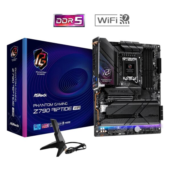 ASRock Z790 Riptide WiFi PHANTOM GAMING Intel 1700 Socket Motherboard, ATX, 4x DDR5 Slots, 5x M.2 Sockets, Fitted I/O Shield, 2.5GbE LAN, Wi-Fi 7, 1x DisplayPort / 1x HDMI Port