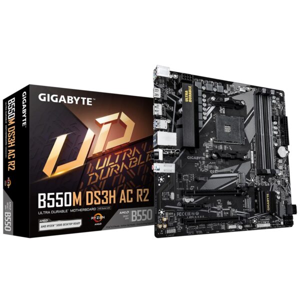 Gigabyte B550M DS3H AC R2 Ultra Durable AMD AM4 Socket Motherboard, Micro-ATX, 4x DDR4 Slots, 2x M.2 Socket, GbE LAN, Wi-Fi 5, 1x DisplayPort / 1x HDMI Port