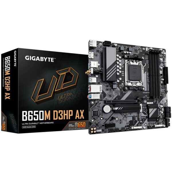 Gigabyte B650M D3HP AX Ultra Durable AMD AM5 Socket Motherboard, Micro-ATX, 4x DDR5 Slots, 2x M.2 Sockets, 2.5GbE LAN, Wi-Fi 6E, 2x DisplayPorts / 1x HDMI Port