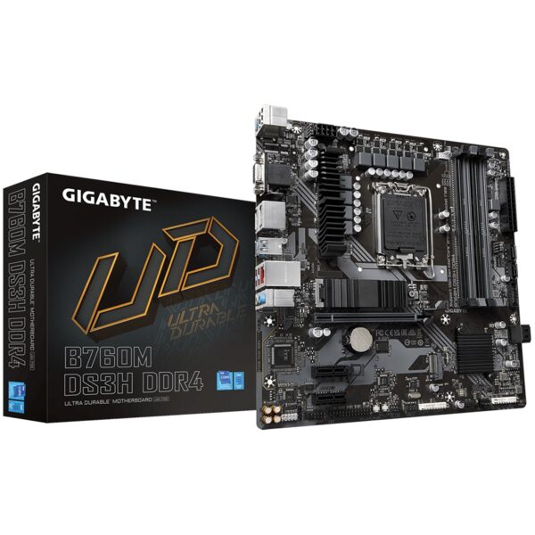 Gigabyte B760M DS3H DDR4 Ultra Durable Intel 1700 Socket Motherboard, Micro-ATX, 4x DDR4 Slots, 2x M.2 Sockets, 2.5GbE LAN, 1x D-Sub / 2x DisplayPorts / 1x HDMI Port