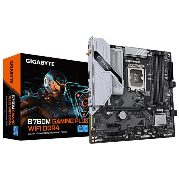 Gigabyte B760M GAMING PLUS WIFI DDR4 Intel 1700 Socket Motherboard, Micro-ATX, 4x DDR4 Slots, 2x M.2 Sockets, Fitted I/O Shield, GbE LAN, Wi-Fi 6, 1x DisplayPort / 1x HDMI Port