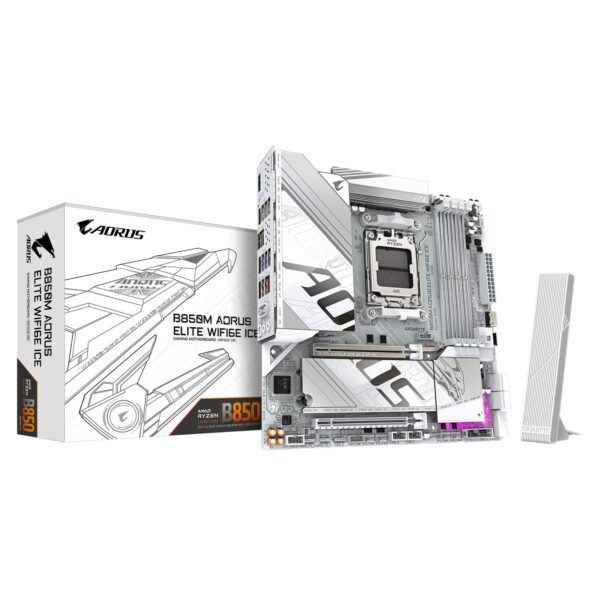 Gigabyte B850M AORUS ELITE WIFI6E ICE AMD AM5 Socket Motherboard, Micro-ATX, 4x DDR5 Slots, 2x M.2 Sockets, Fitted I/O Shield, 2.5GbE LAN, Wi-Fi 6E, 1x DisplayPort / 1x HDMI Port