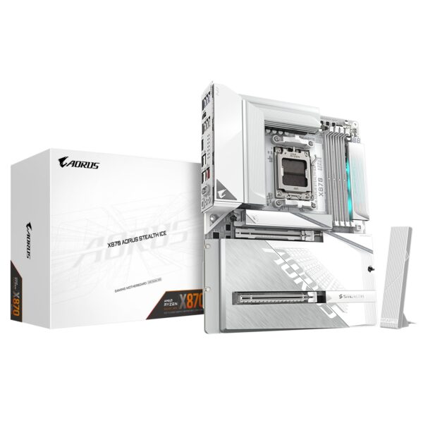 Gigabyte X870 AORUS STEALTH ICE AMD AM5 Socket Motherboard, ATX, 4x DDR5 Slots, 4x M.2 Socket, 5GbE LAN, WiFi 7, 1x HDMI Port / 2x USB-C (USB4)