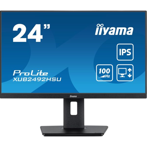 iiyama PROLITE XUB2492HSU-B6 24 inch IPS Monitor, Full HD, 0.4ms, HDMI, DisplayPort, USB Hub, Freesync, 100Hz, Speakers, Black, Internal PSU, VESA, Height Adjustable, Pivot