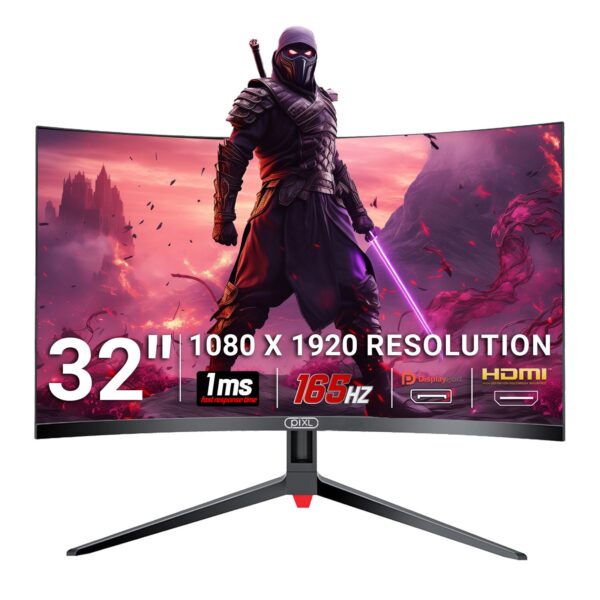 piXL CM32GF5 32 Inch 165Hz HDR Full HD Curved Gaming Monitor with AMD FreeSync & Nvidia G-Sync, 1920 x 1080 Resolution, 1ms Response Time, DisplayPort, HDMI & VESA Mount
