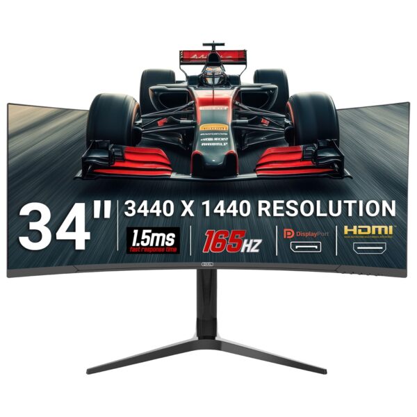 piXL CM34C7 34 Inch 165Hz UWQHD Quad HD Ultrawide Curved Gaming Monitor, with 1.5ms Response Time, 3440 x 1440 Resolution, HDMI, DisplayPort, USB-C, USB-B, USB-A x 2, Audio & Height Adjust
